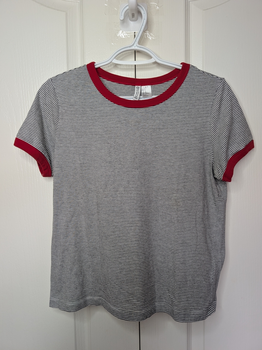 Women's Short Sleeve Black & White Stripe Tee with Red Trim